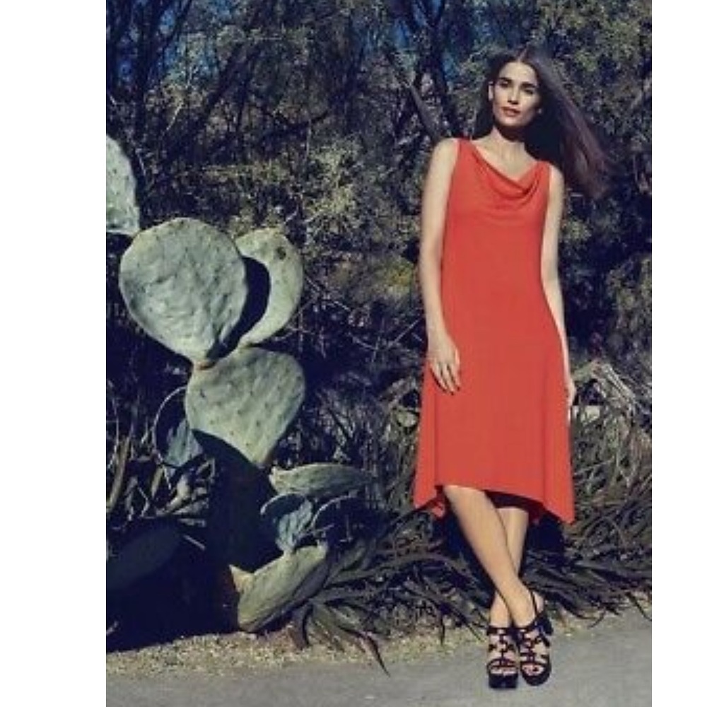 Eileen Fisher Petite Cowl Neck Firefly Orange Asymmetrical Midi Dress PS